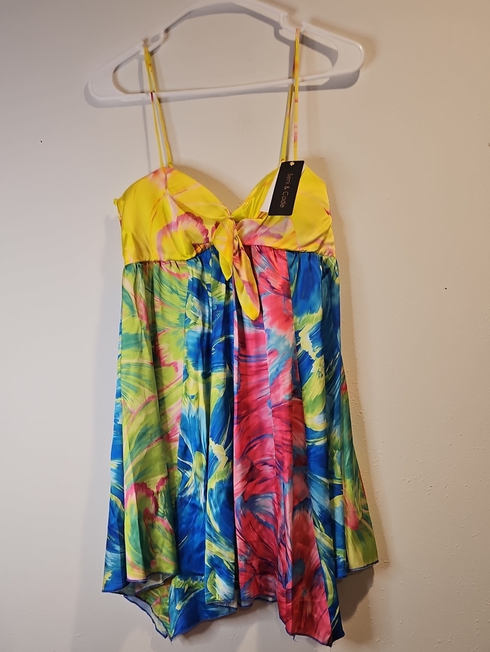 Seni & Cade Party Blue Spaghetti Strap Tropical Floral Hankerchief Style Dress